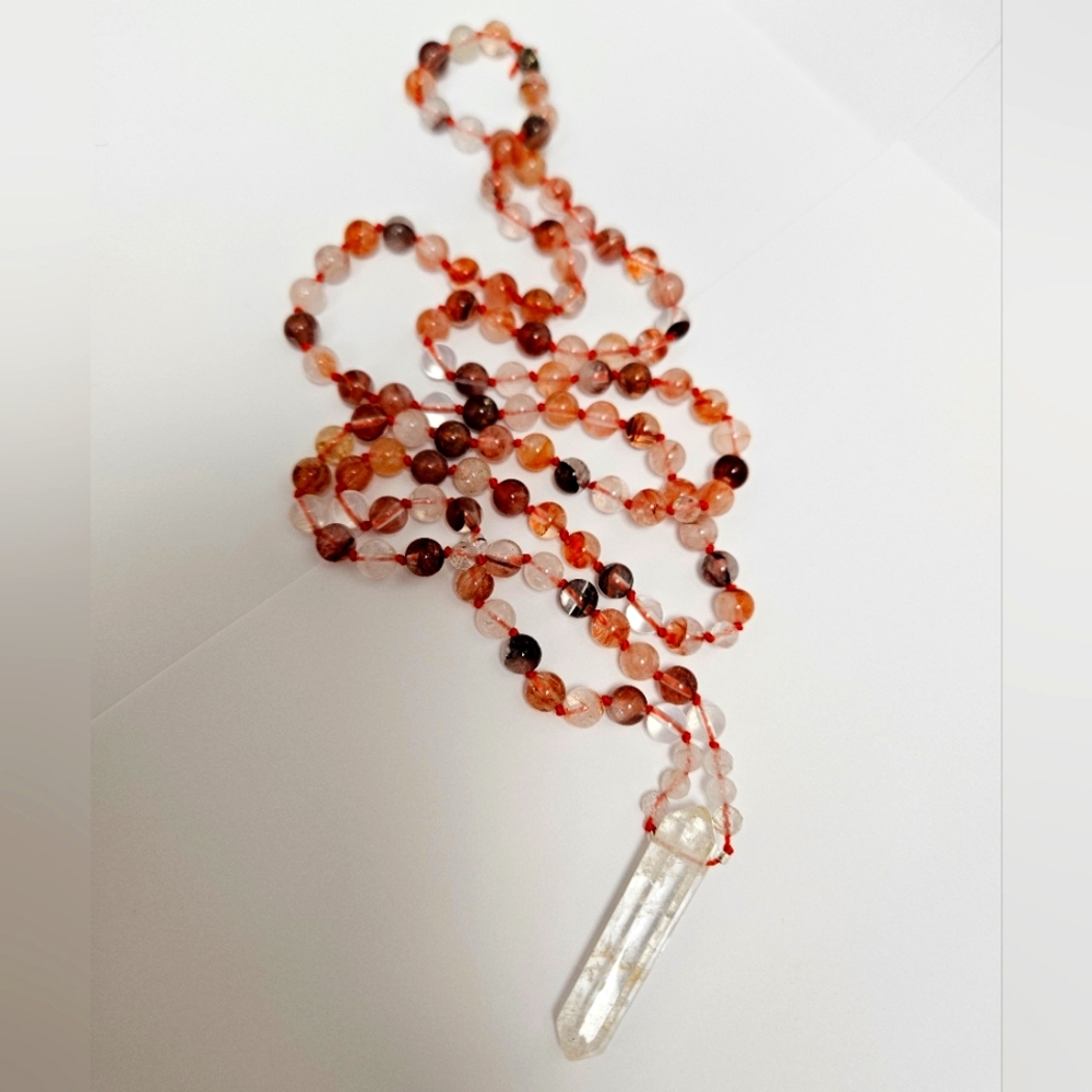 Hand Knotted Iron/Fire Quartz & Laser Quartz 108 bead Mala necklace